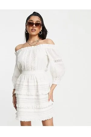 Miss Selfridge Vestito corto in pizzo avorio con scollo alla Bardot