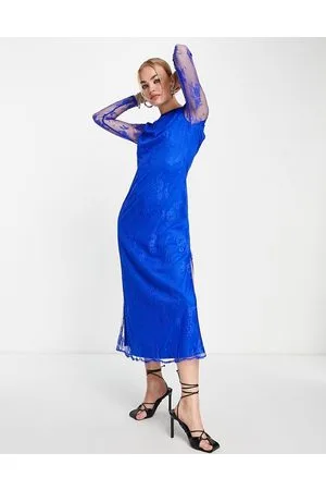 Topshop Vestito midi a maniche lunghe in pizzo color cobalto
