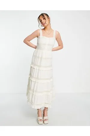 Miss Selfridge Vestito midi in pizzo con volant e spalline color crema