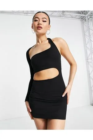 REBELLIOUS FASHION Vestito corto asimmetrico nero in tessuto scuba crêpe con foro per il pollice