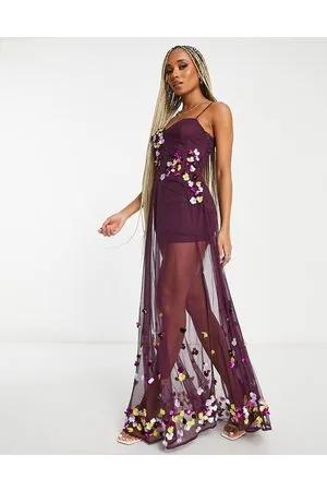 Starlet Esclusiva - Vestito lungo a corsetto prugna a fiori decorato