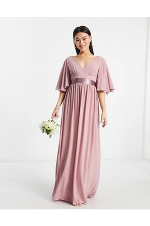 TFNC Vestito lungo da damigella color lavanda a pieghe con maniche a kimono a pipistrello