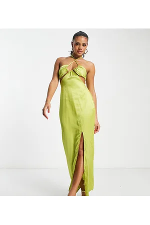 In The Style Esclusiva x Yasmin Davenport - Vestito lungo in raso color lime con bustino con cut-out e dettaglio arricciato