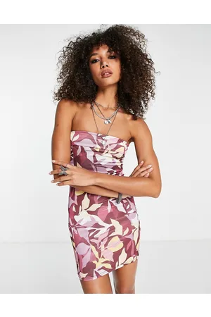 ASOS Vestito corto a fascia con risvolto in raso rosa con stampa astratta a fiori