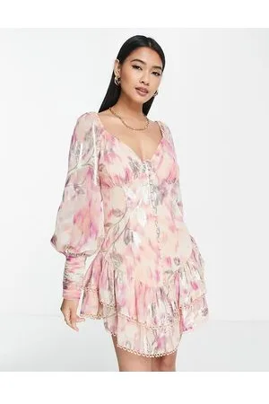 ASOS Vestito babydoll corto in jacquard rosa metallizzato con bottoni