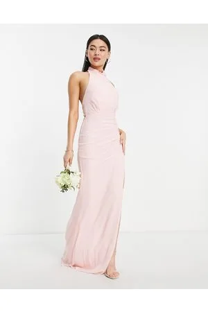 TFNC Vestito lungo da damigella accollato in chiffon con allacciatura sul retro