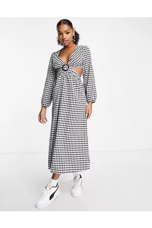 Miss Selfridge Vestito midi bianco e a quadretti con cut-out e dettaglio ad anello