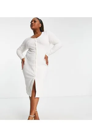 River Island Vestito midi con bottoni sul davanti color crema a coste