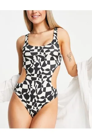 Monki Costume da bagno nero e bianco con stampa grafica e cut-out ai lati