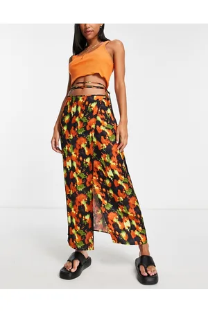Topshop Gonna midi a portafoglio in raso color ruggine e verde con stampa tartarugata