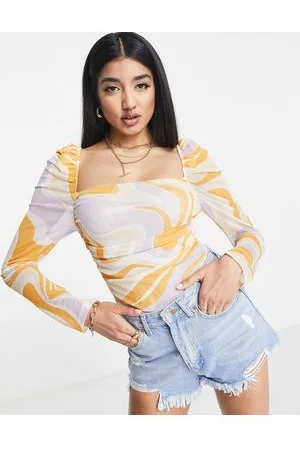 ASOS Body in rete a maniche lunghe arricciato con stampa astratta arancione - MULTI