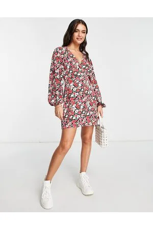Glamorous Vestito a portafoglio allacciato in vita rosso con stampa a fiori rétro