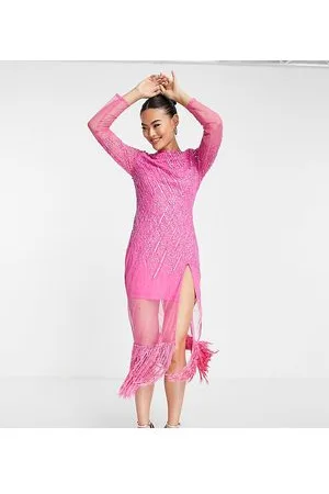 Starlet Vestito con gonna al polpaccio vivo con finiture in piume sintetiche e paillettes