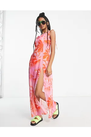 Weekday Vestito midi a sottoveste in rete rosa con stampa a fiori