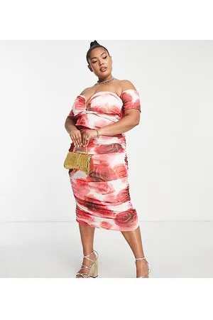 ASOS ASOS DESIGN Curve - Vestito midi arricciato in rete con scollo a v con ferretto alla Bardot e stampa con rose