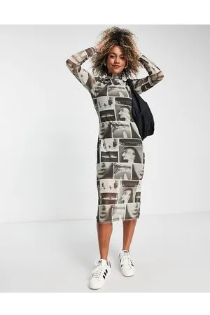 JJXX Vestito midi accollato in rete con stampa stile giornale