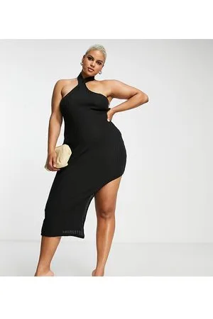 Simmi London SIMMI Plus - Vestito midi allacciato al collo con spacco sulla coscia