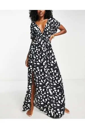 ASOS Vestito da mare lungo con maniche con volant nero e bianco a pois
