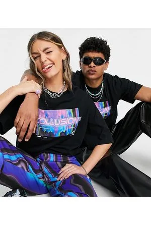 COLLUSION Unisex - T-shirt oversize nera con grafica del logo