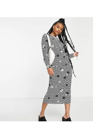ONLY Vestito midi nero a fiori e a quadri con arricciatura laterale