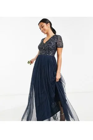 Maya Vestito lungo da damigella in tulle a maniche corte con paillettes tono su tono