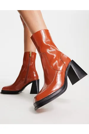 ASOS Restore - Stivaletti in pelle con tacco medio color cuoio in vernice