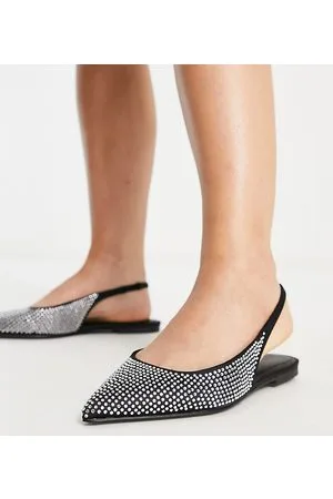 ASOS Wide Fit - Lala - Scarpe basse a pianta larga a punta nere con strass argento e cinturino posteriore