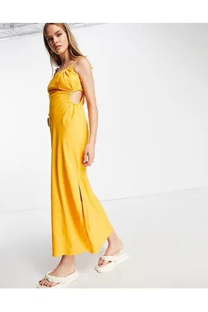 & OTHER STORIES Vestito lungo in misto lino giallo con arricciatura e cut-out laterale