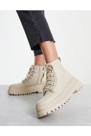 London Rebel Stivaletti stringati color crema con suola spessa