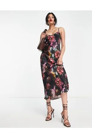 AllSaints Melody - Vestito sottoveste midi in raso con stampa floreale