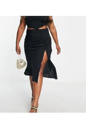 ASOS ASOS DESIGN Curve - Gonna midi nera con bottoni e arricciatura laterale