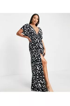 ASOS ASOS DESIGN Tall - Vestito da mare lungo con maniche con volant nero e bianco a pois