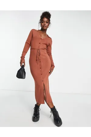 ASOS Vestito midi in maglia con colletto aperto e allacciatura in vita