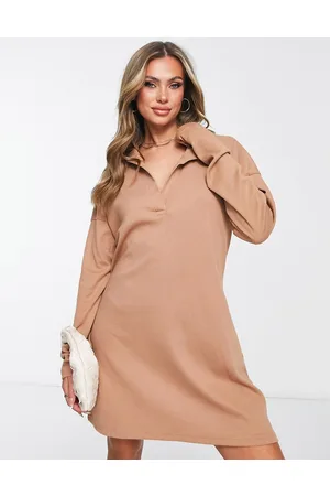 Missguided Vestito corto color cammello a coste con colletto