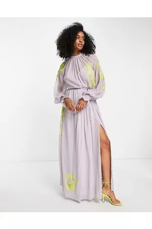 ASOS Vestito lungo accollato lilla con allacciatura in vita e ricamo stencil floreale