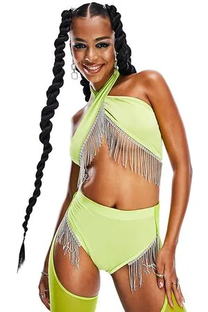 AsYou Top allacciato al collo color lime con incrocio sul davanti e finiture con strass in coordinato