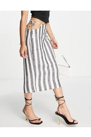 Lioness Fazio - Gonna midi in lino a righe nere in coordinato
