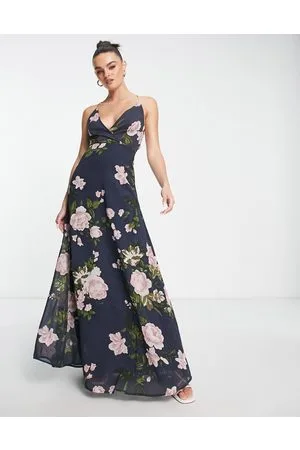 ASOS Vestito lungo avvolgente con spalline sottili e laccetto sul retro blu navy a fiori