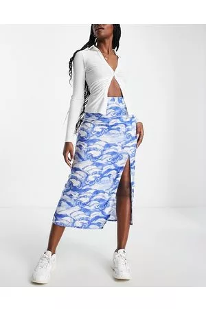 Monki Gonna midi con spacco sulla gamba con stampa di onde