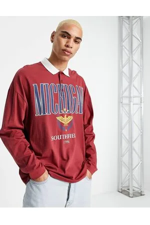 ASOS Polo oversize bordeaux a maniche lunghe con stampa Michigan