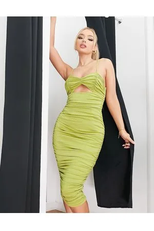 Ax Paris Vestito longuette midi color lime arricciato con cut-out sul busto