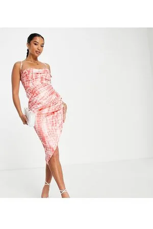 ASOS ASOS DESIGN Petite - Vestito midi in raso rosa tie-dye con ferretto, scollo ad anello e dettaglio arricciato stile corsetto