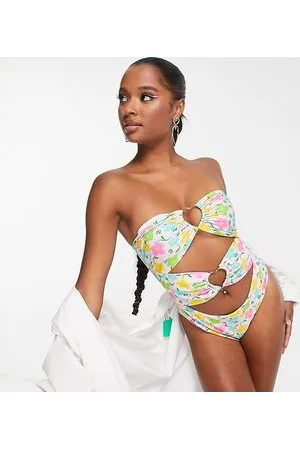 ASOS ASOS DESIGN Petite - Costume da bagno con stampa floreale rosa vivace, cut-out e anelli a cuore
