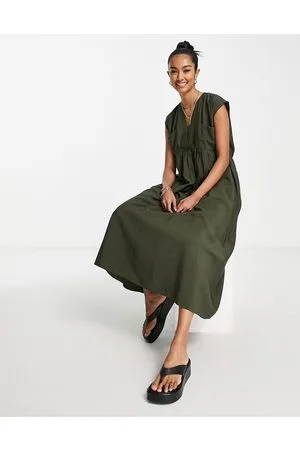 Whistles Easy - Vestito grembiule midi kaki con scollo a V