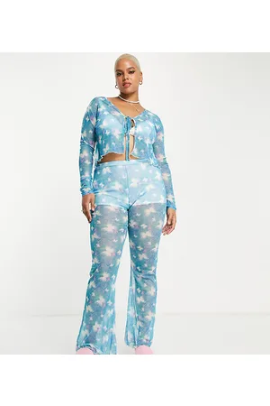 Daisy Street Pantaloni a zampa a vita alta con fondo smerlato in rete con motivo con farfalle in coordinato