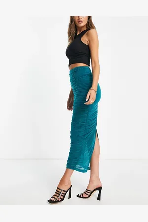 Topshop Gonna midi premium in rete arricciata verde-azzurra