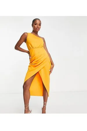 ASOS ASOS DESIGN Petite - Vestito midi avvolgente monospalla con gonna con pinces color giallo tramonto