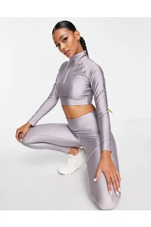 HIIT Crop top a maniche lunghe lilla metallizzato con finitura lucida e zip corta