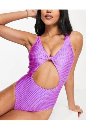 Topshop Costume da bagno fluo a quadretti con nodo sul davanti
