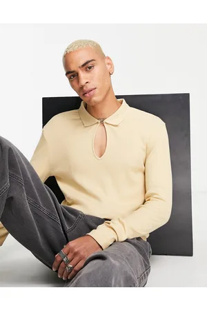 ASOS Polo attillata a maniche lunghe beige a coste con fibbia